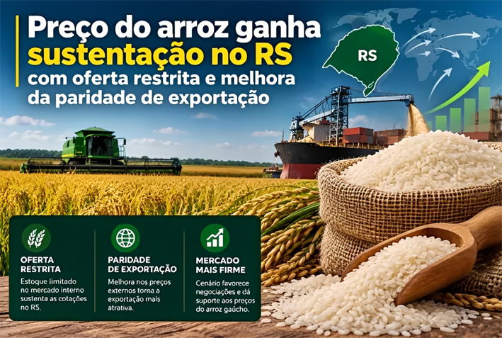 Preço do arroz ganha sustentação no RS com oferta restrita e melhora da paridade de exportação